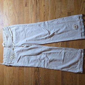 Free People Cream Cropped Pants with Lace Detail